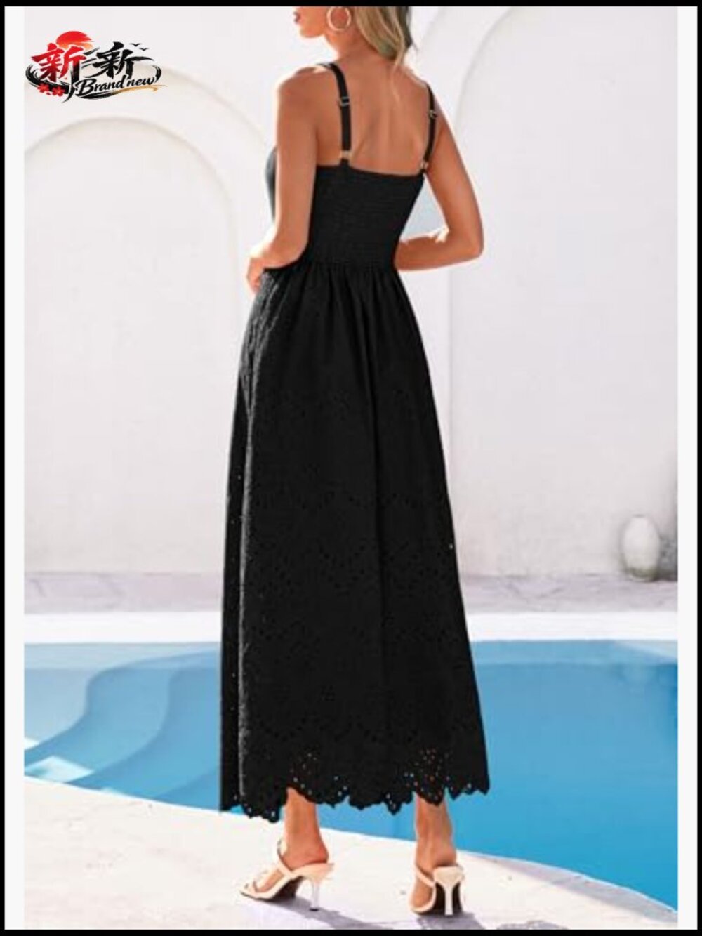 Sleeveless Maxi Dress with Eyelet Square Neck Ruffle Beach Sundress - Picture 4 of 7